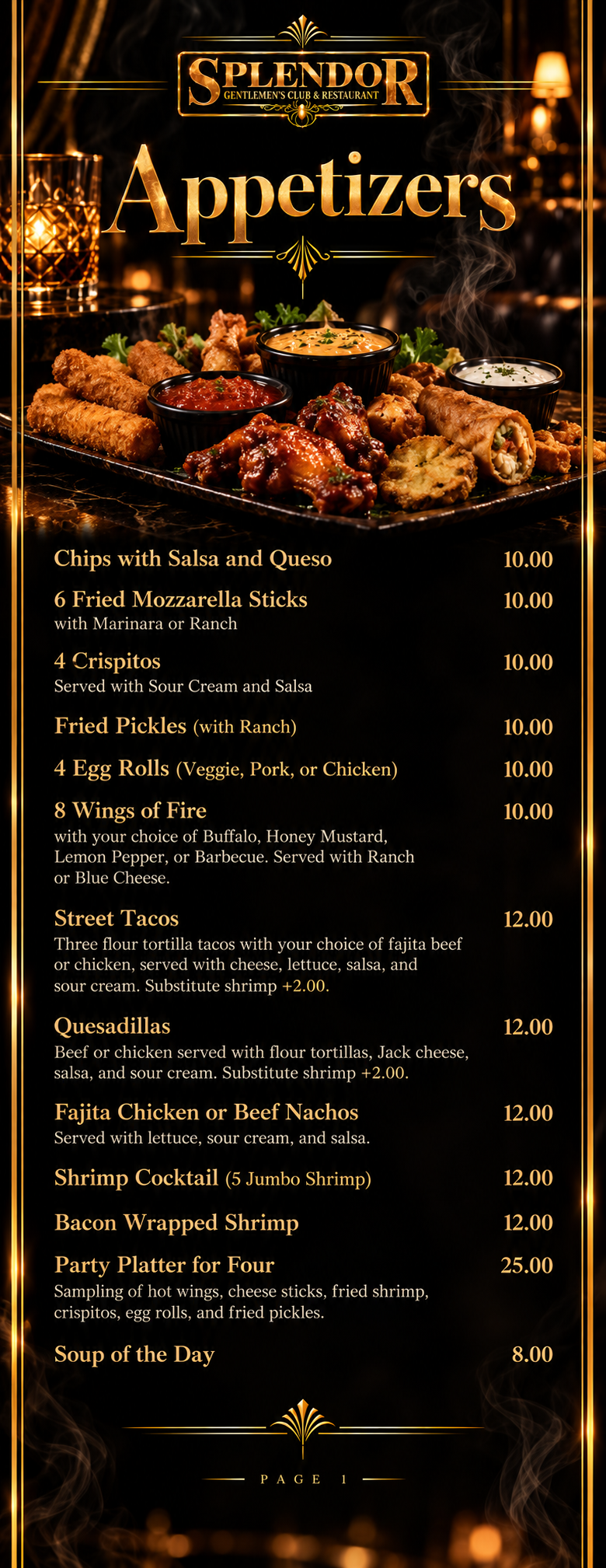 Splendor menu page 1 — Appetizers