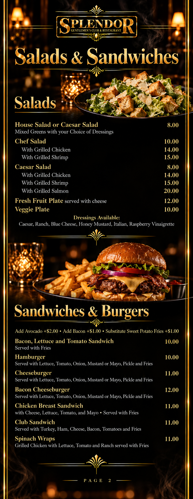 Splendor menu page 2 — Salads, Sandwiches and Burgers