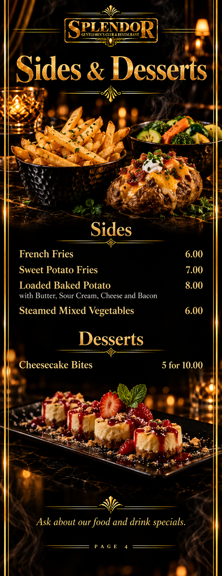 Splendor menu page 4 — Sides and Desserts
